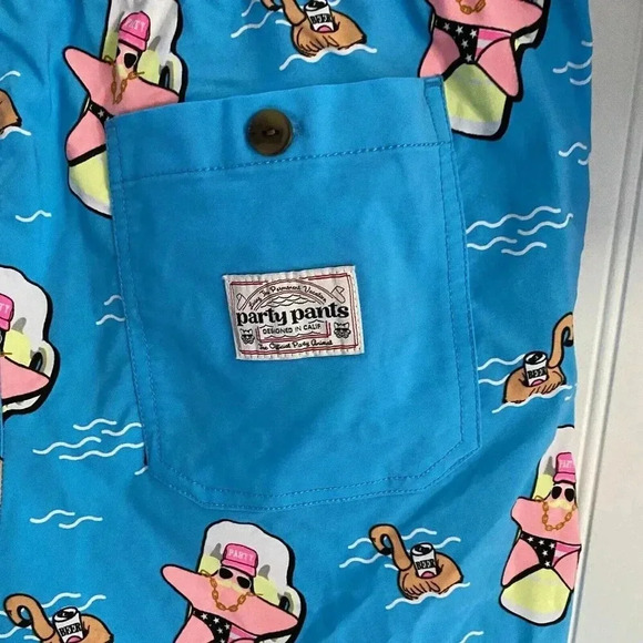 Party Pants Men’s Neon Blue Super Star Fish Swim Trunks Board Shorts Medium - Picture 8 of 12